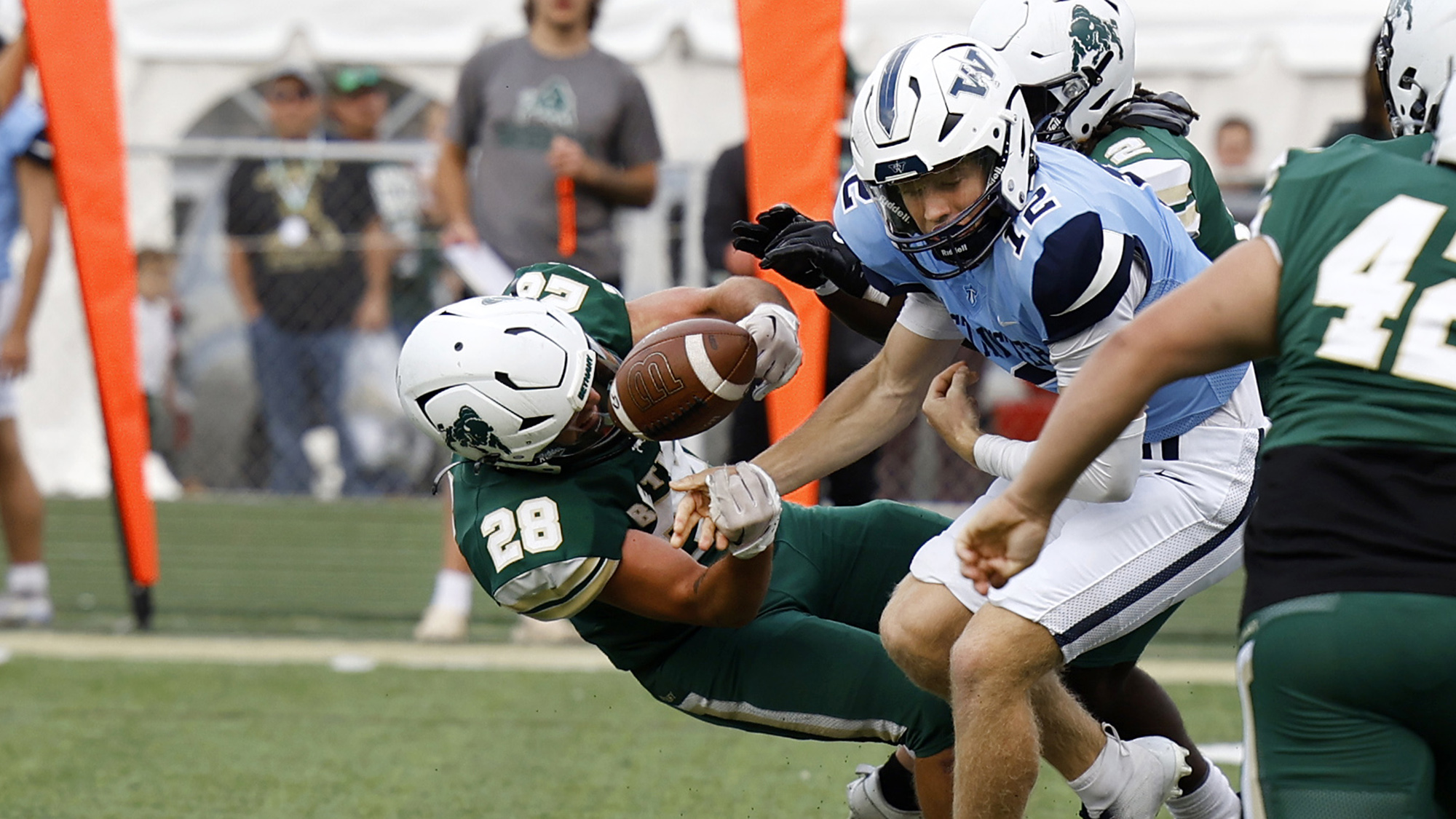 GREG PAYAN

Sonny Fox knocks the ball loose from the Westminster quarterback in the first quarter of Saturday's (October 12, 2024) football game.